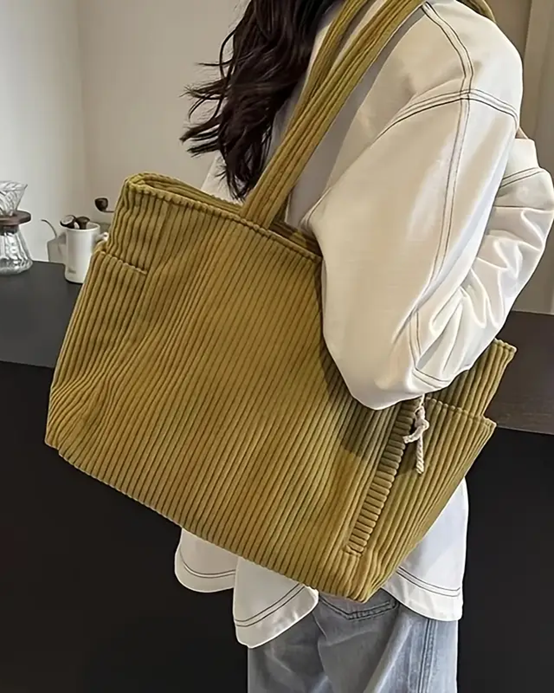 Sue – Corduroy Handbag with Drawstring Detail