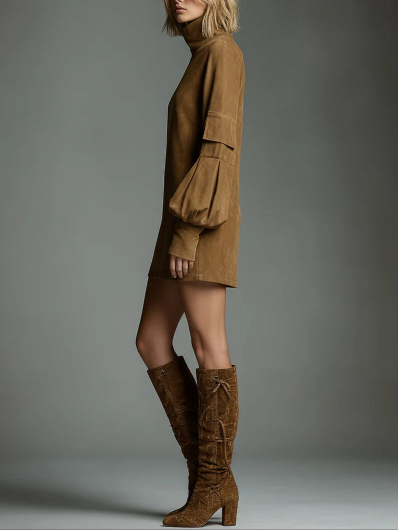 Lilly | Suede Turtleneck Mini Dress with Vintage Charm