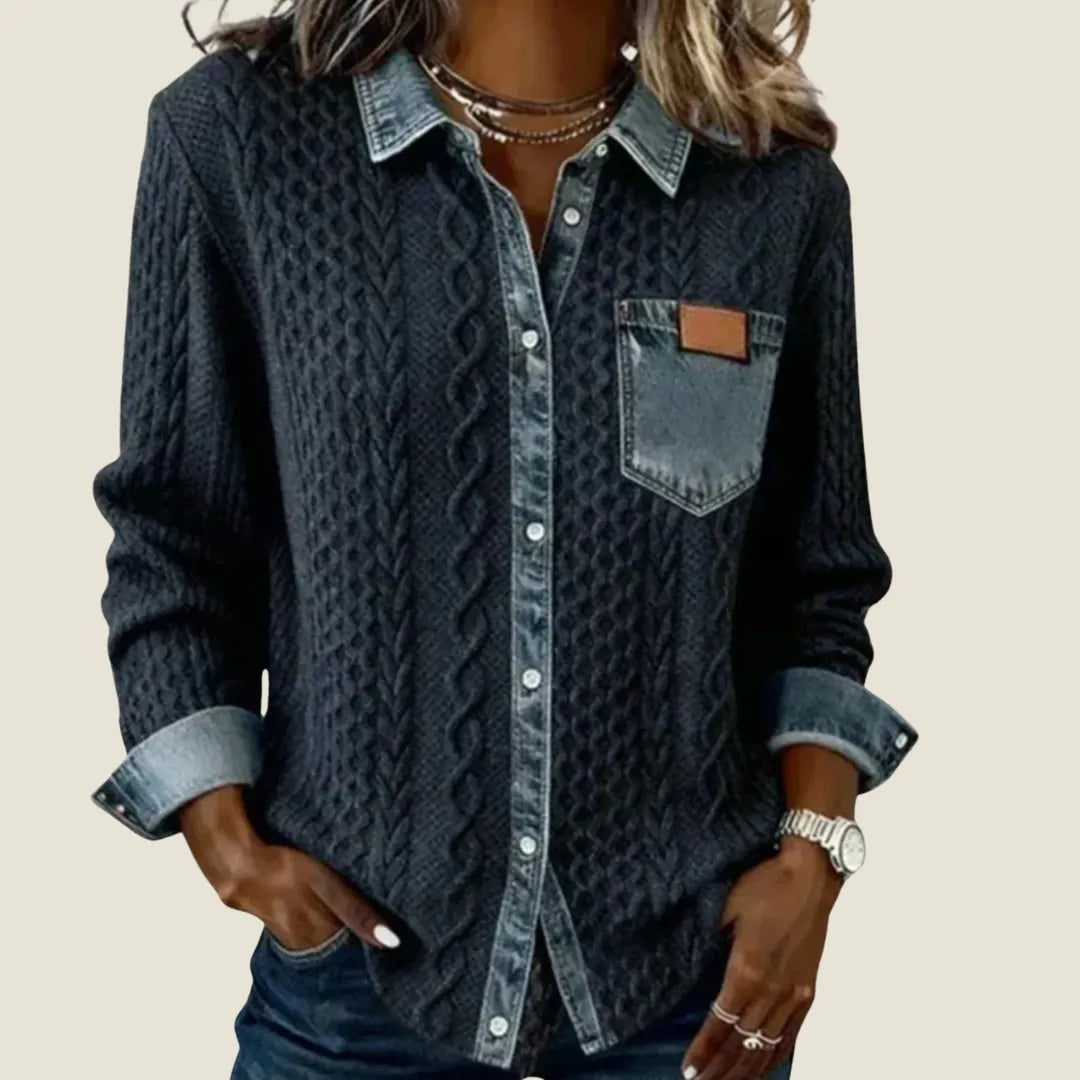 Marcela | Patchwork Knit Top with Denim Details